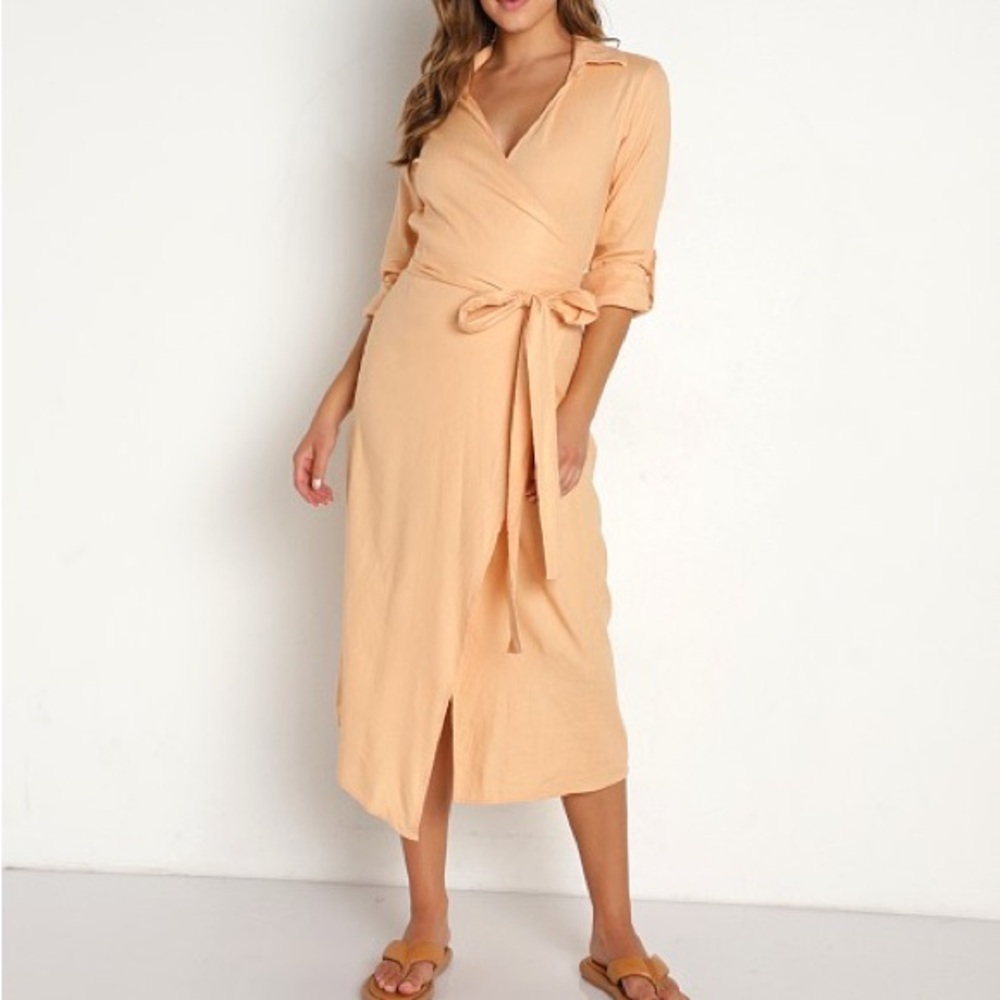 NWT Monrow Linen Tie Midi Dress Desert Mist - Picture 2 of 10
